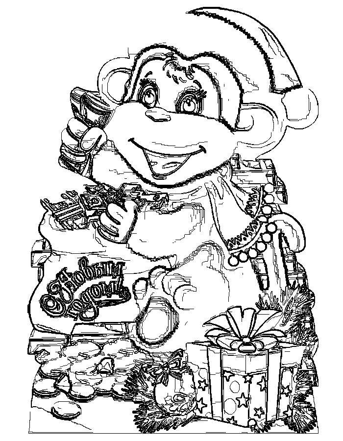 Название: Раскраска Обезьяна с подарками. Категория: новый год. Теги: обезьяна, новый год.