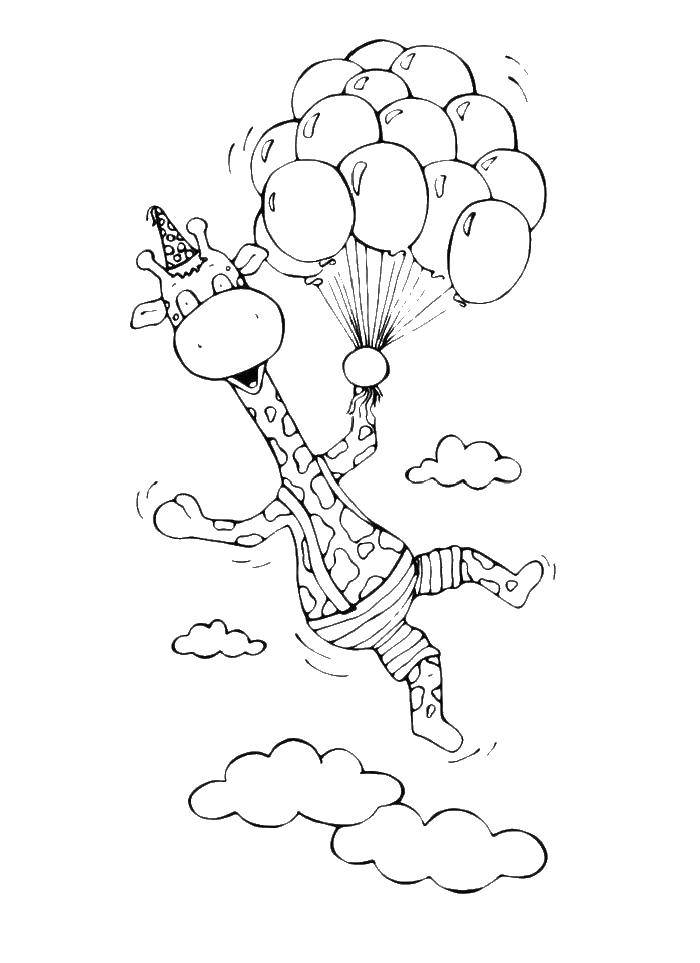Coloring Giraffe flying with the balloons. Category giraffe. Tags:  giraffe, animals.