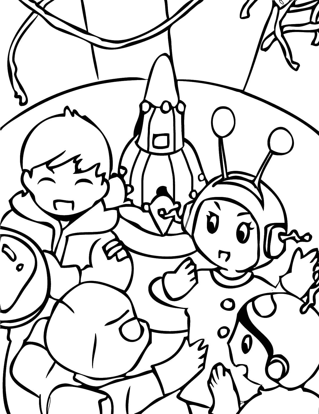 Название: Раскраска Инопланетная семья. Категория: космические корабли. Теги: Космос, инопланетяне, звезды.