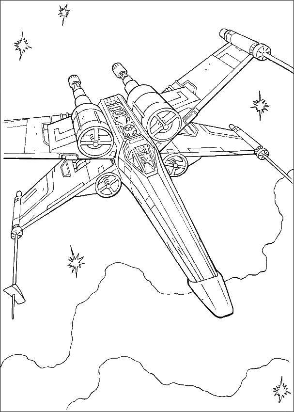 Coloring The spacecraft flies in space. Category spaceships. Tags:  Space, rocket, stars.