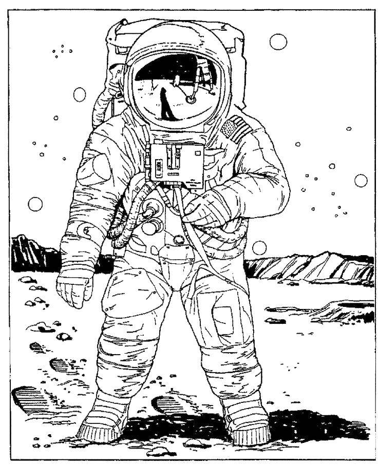 Название: Раскраска Космонавт на луне. Категория: космические корабли. Теги: Космос, космонавт, ракета.