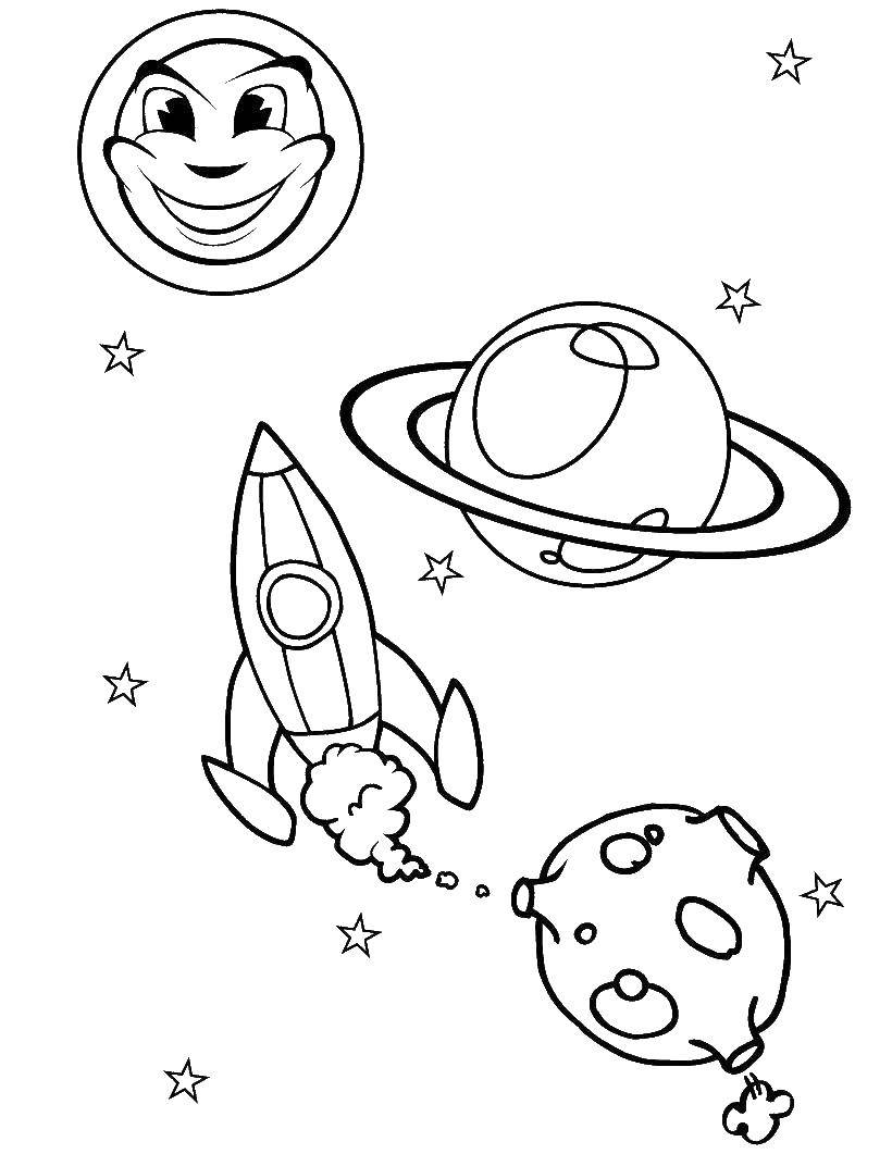 Coloring Rocket among the planets. Category spaceships. Tags:  space, spaceship, Shuttle, rocket.