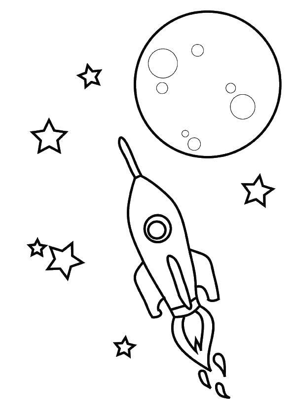 Название: Раскраска Ракета и луна. Категория: космические корабли. Теги: космос, космический корабль, шаттл, ракета.