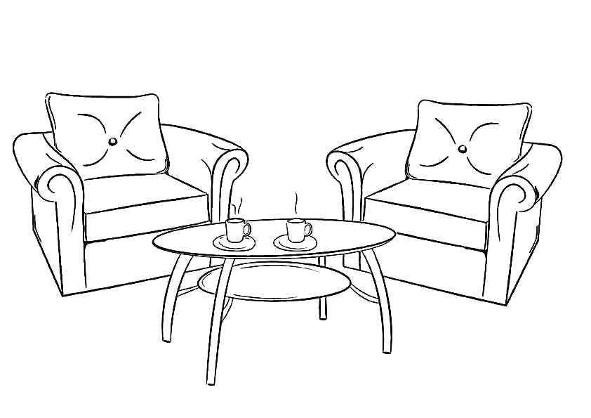Название: Раскраска Кресла и журнальный столик. Категория: мебель. Теги: Мебель.