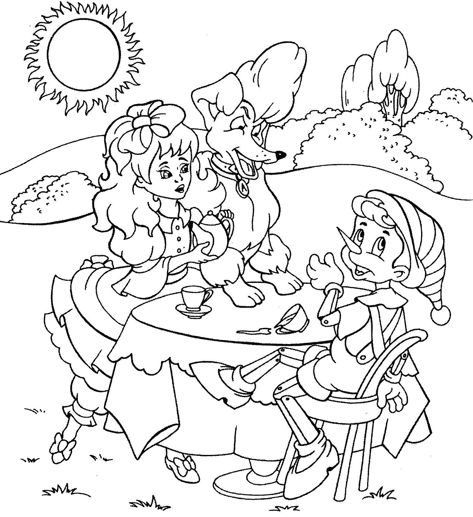 Coloring Pinocchio at the table Malvina. Category Golden key. Tags:  Pinocchio, the key.