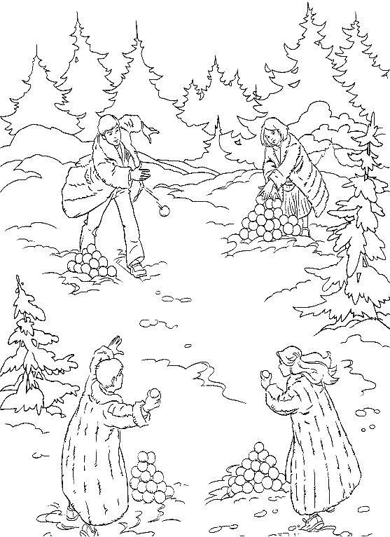 Название: Раскраска Дети играют в снежки. Категория: Хроники Нарнии. Теги: Хроники Нарнии, Лев, колдунья, волшебный шкаф.