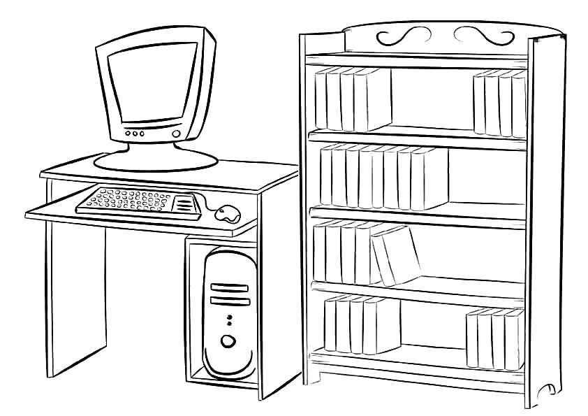 Раскраски Раскраска Книжная полка и компьютерный стол мебель, скачать  распечатать раскраски.