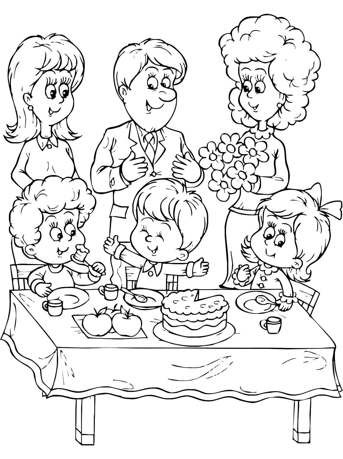 Название: Раскраска Праздничный стол с гостями. Категория: праздник. Теги: торт, стол, дети.