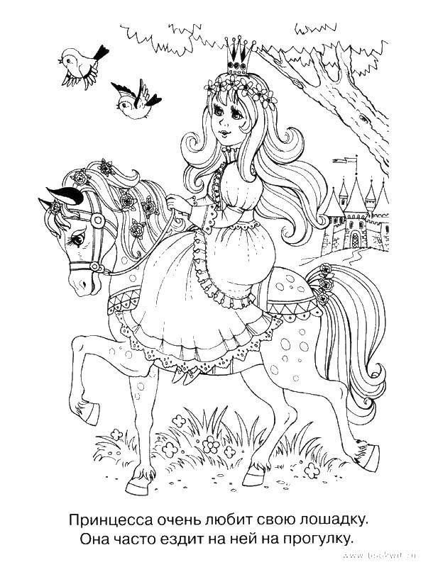 Название: Раскраска Принцесса катается на конее. Категория: принцесса. Теги: Принцесса, конь.