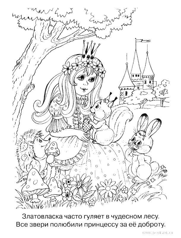 Название: Раскраска Принцесса с зверятами в лесу. Категория: принцесса. Теги: принцесса, зверята.