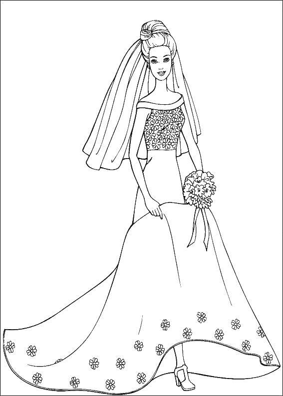 Название: Раскраска Барби невеста. Категория: свадебные платья. Теги: Барби, свадьба.