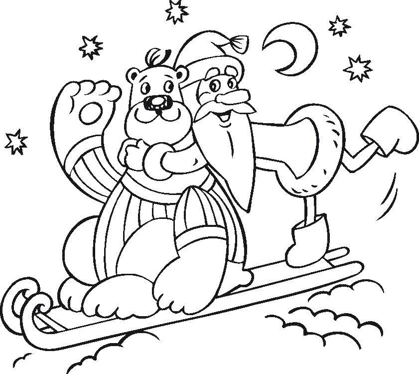 Название: Раскраска Дед мороз и медведь катаются на санках. Категория: дед мороз. Теги: Дед мороз, санки.