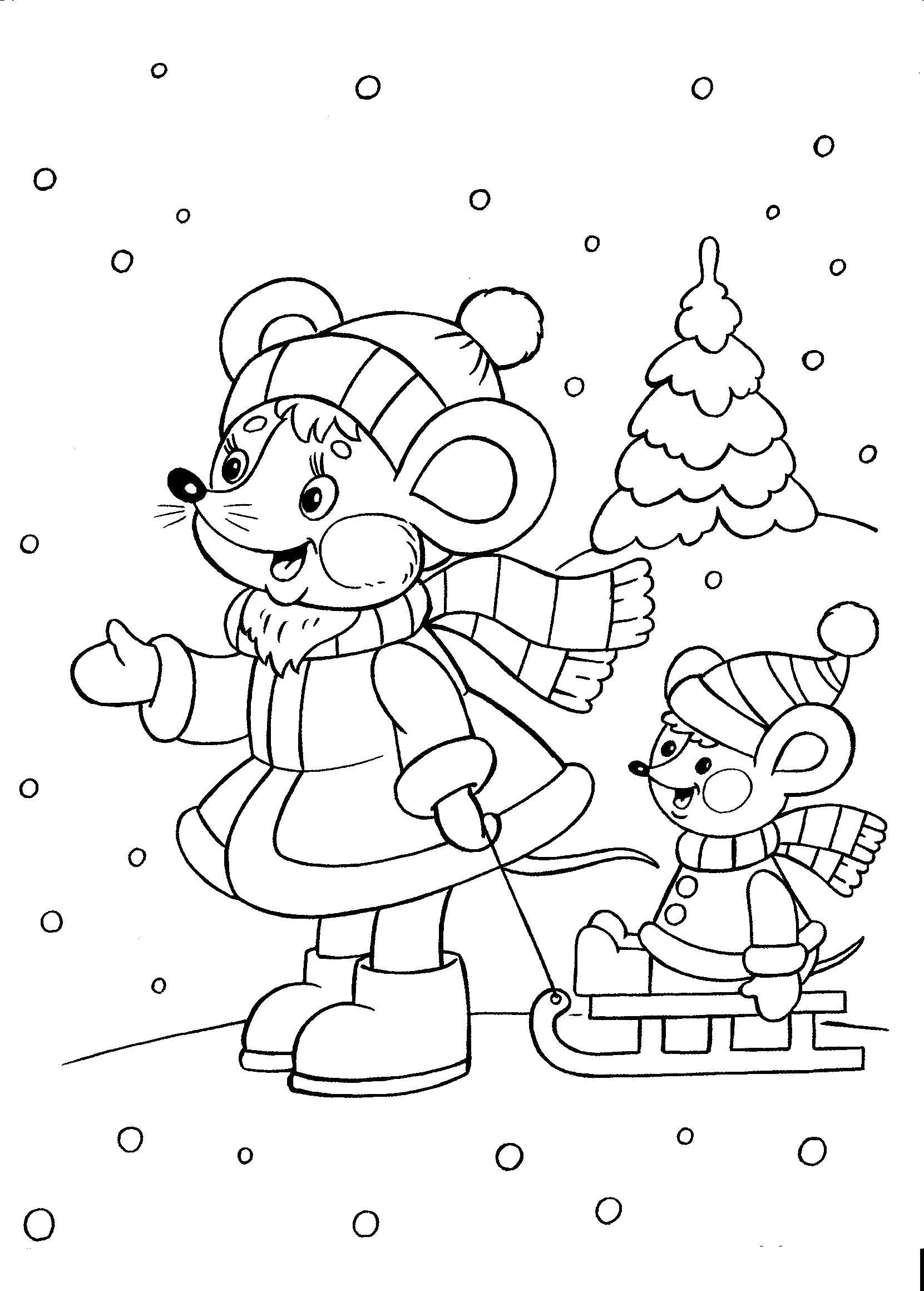 Coloring Mice sledding. Category winter. Tags:  Mouse, animals.