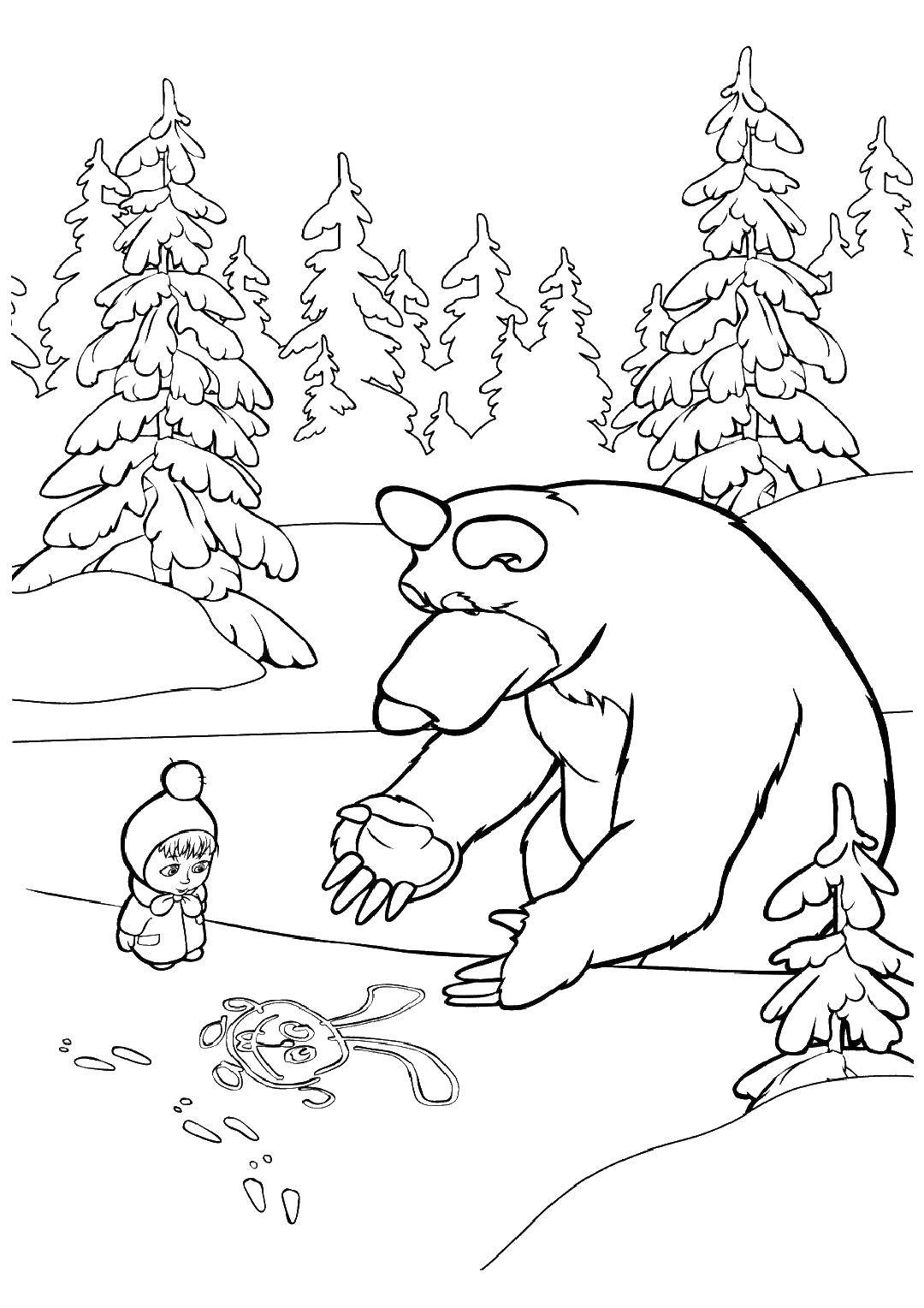 Coloring Bear paints a hare in the snow. Category Masha and the bear. Tags:  Masha, Bear.