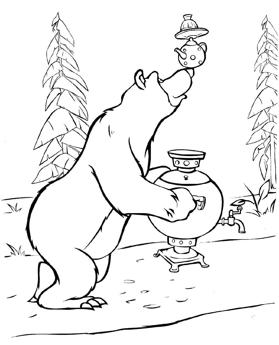 Coloring Bear with a samovar. Category Masha and the bear. Tags:  tale, cartoon, Masha and the Bear.