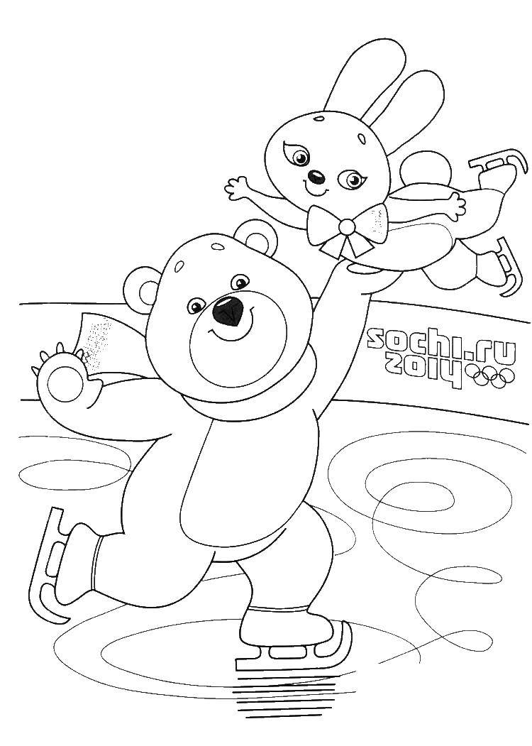 Название: Раскраска Медведь и зайчик катаются на коньках. Категория: олимпийские игры. Теги: олимпийские игры, медведь, коньки.