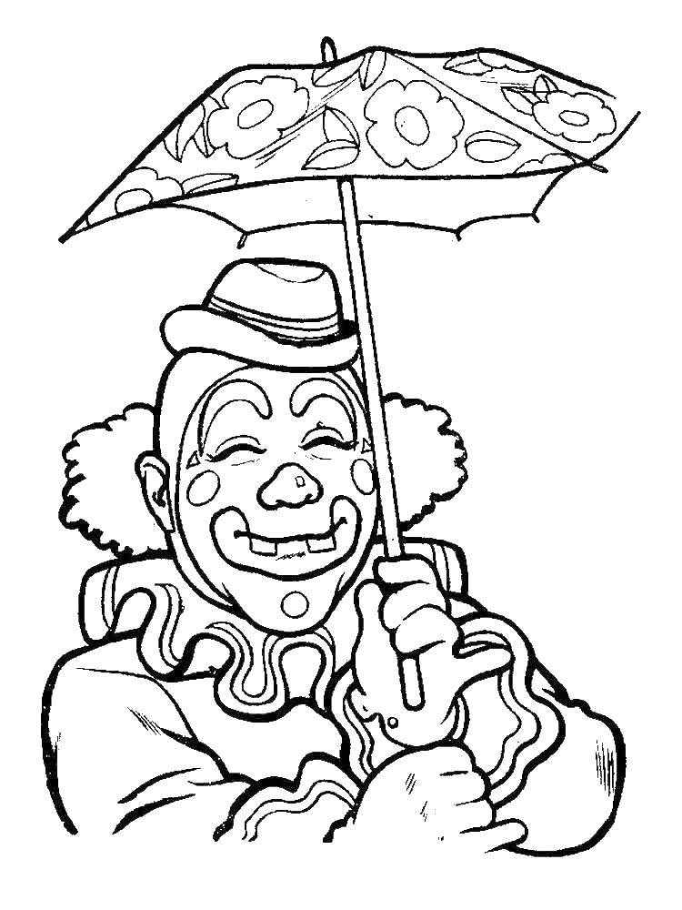 Розмальовки  Клоун з парасолькою. Завантажити розмальовку Клоун, цирк, радість, веселощі.  Роздрукувати ,Клоуни,
