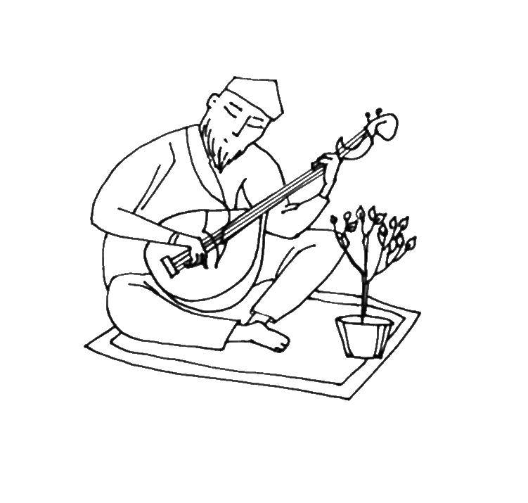 Название: Раскраска Акын играет на домбре. Категория: музыкальные инструменты. Теги: Инструмент.