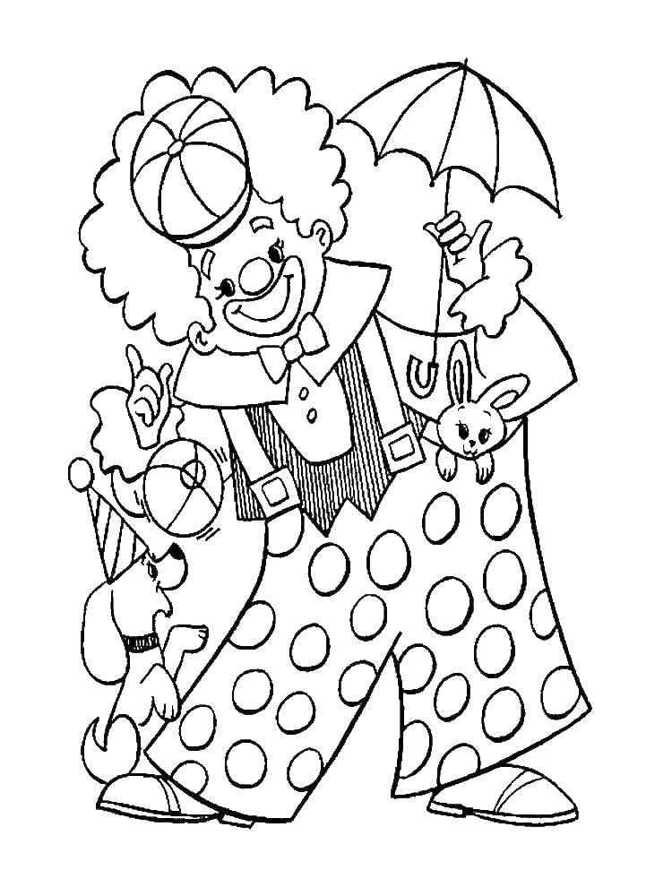 Coloring Clown with a dog. Category Clowns. Tags:  Clown, circus, joy, fun.