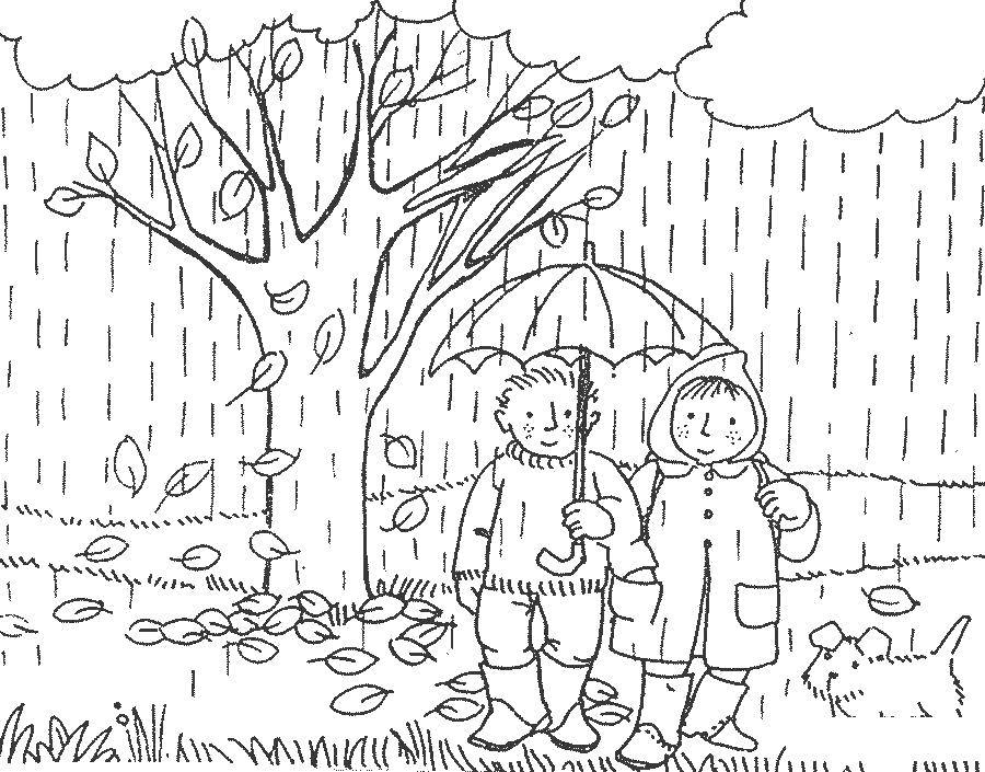 Название: Раскраска Дети под зонтом в дождь. Категория: дождь. Теги: Дождь, дети, радость, радуга.