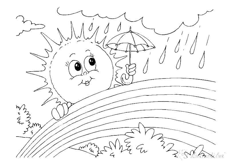 Название: Раскраска Солнышко прячется от дождика. Категория: дождь. Теги: Дождь, тучи, солнце, радуга.