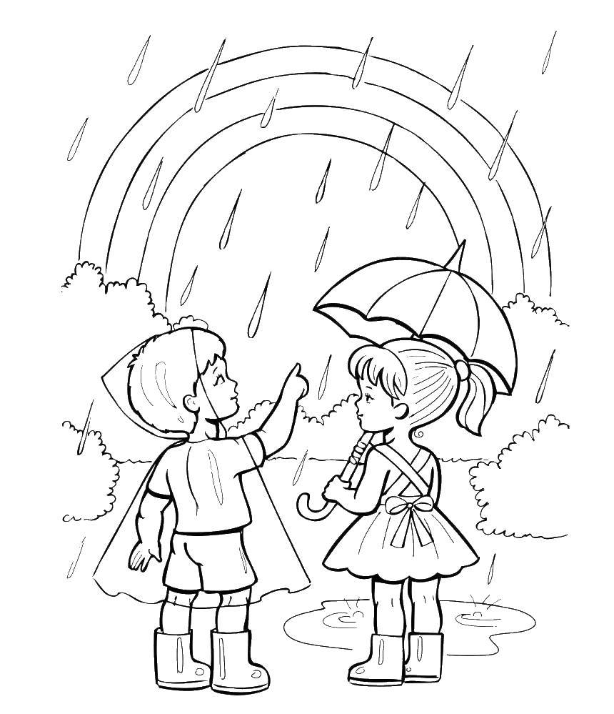 Coloring Children in the rain. Category rain. Tags:  rain, umbrella, children.