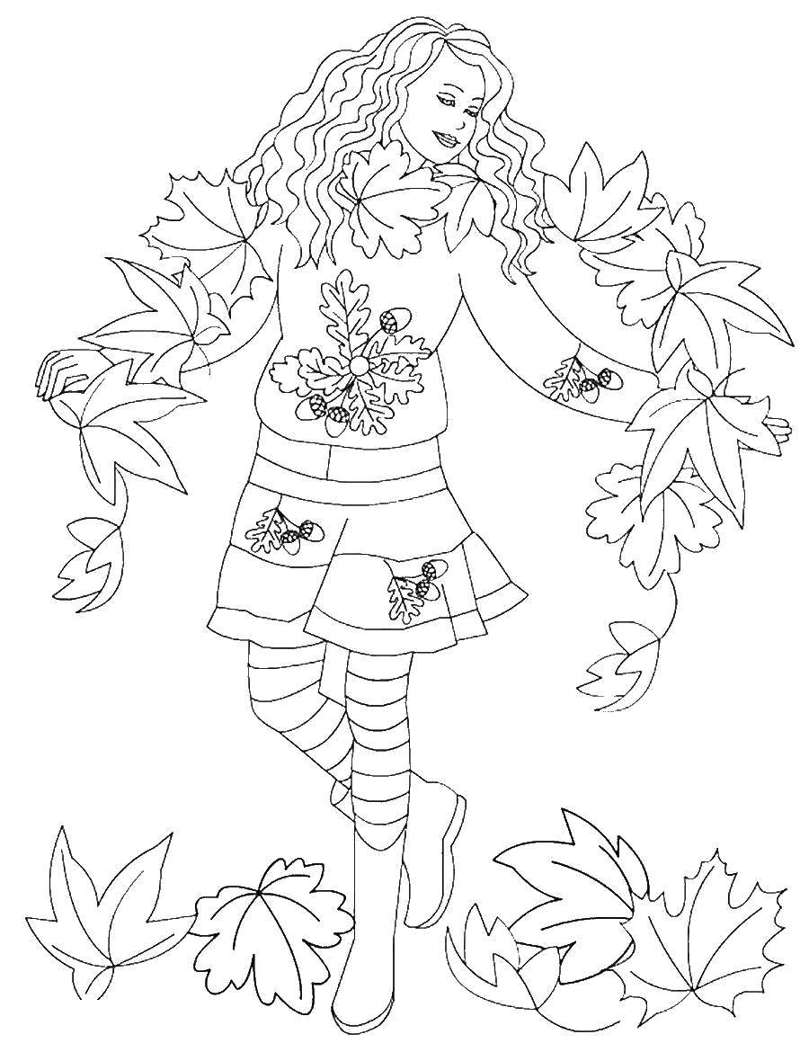Coloring Girl in the autumn leaves. Category Autumn. Tags:  Autumn, leaves.