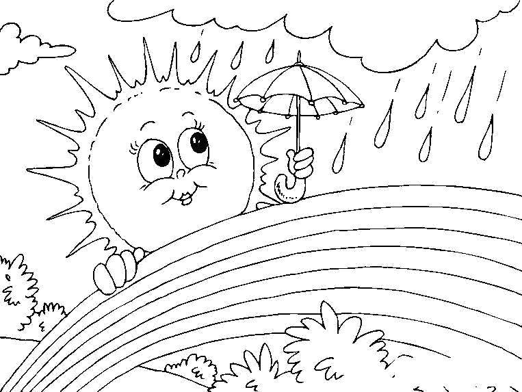 Название: Раскраска Солнышко прячется от дождика. Категория: Солнце. Теги: Солнце, лучи, радость.