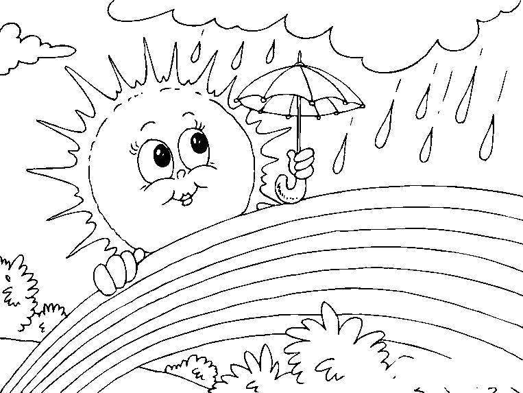 Название: Раскраска Солнышко прячется от дождика. Категория: Солнце. Теги: Солнце, лучи, радость, радуга.