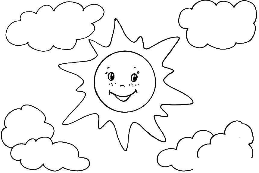 Название: Раскраска Солнышко выглядывает из тучек. Категория: облака. Теги: Солнце, лучи, радость.