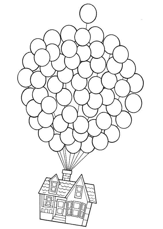 Название: Раскраска Домик улетает на шариках. Категория: дома. Теги: Дом, здание, шарики.