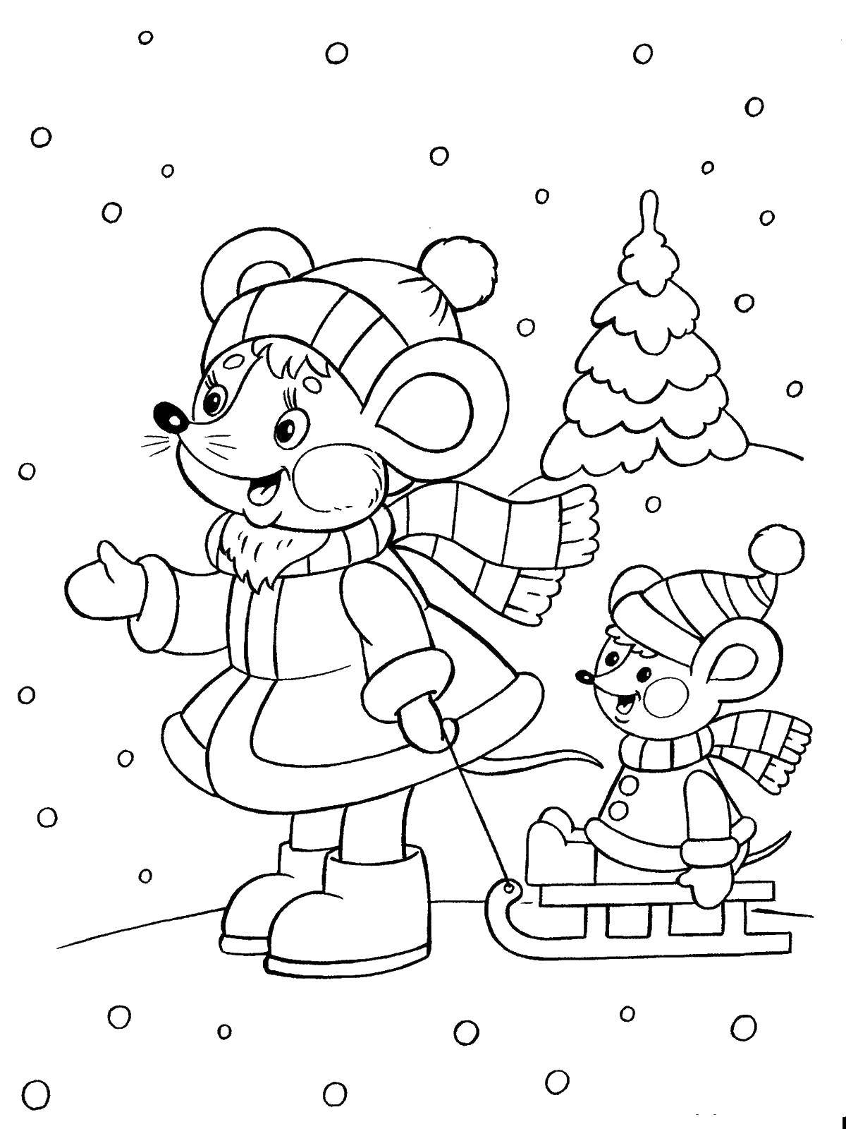 Coloring The mouse carries a cub on a sled. Category winter. Tags:  sled, mouse.