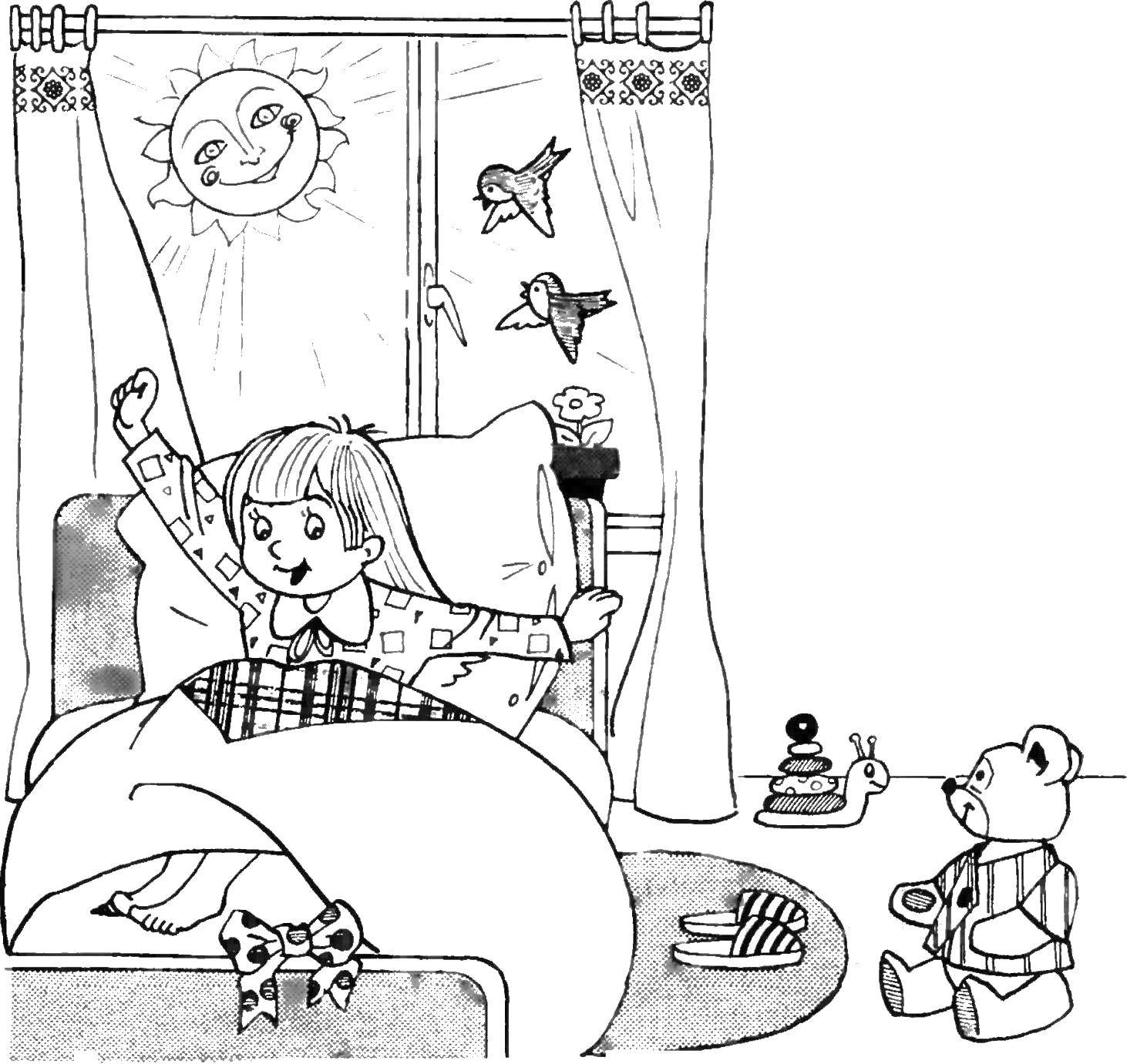 Coloring Girl in her room. Category children. Tags:  children, girl, toys, room.