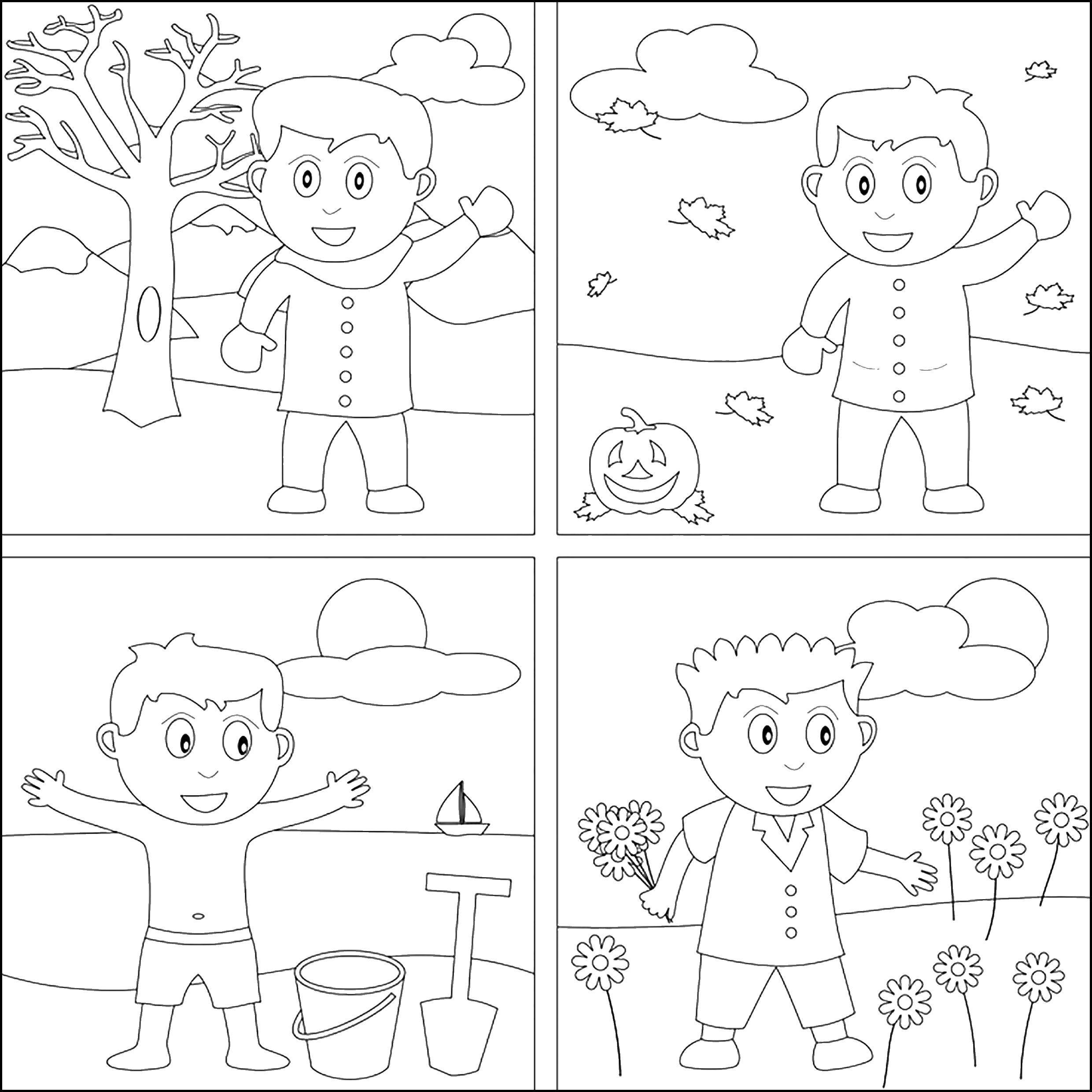 Coloring The boy and the seasons. Category coloring. Tags:  seasons, boy.