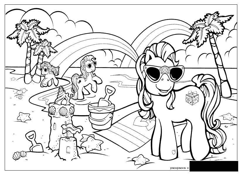 Название: Раскраска Пони из my little pony на пляже. Категория: Пони. Теги: Пони, My little pony .