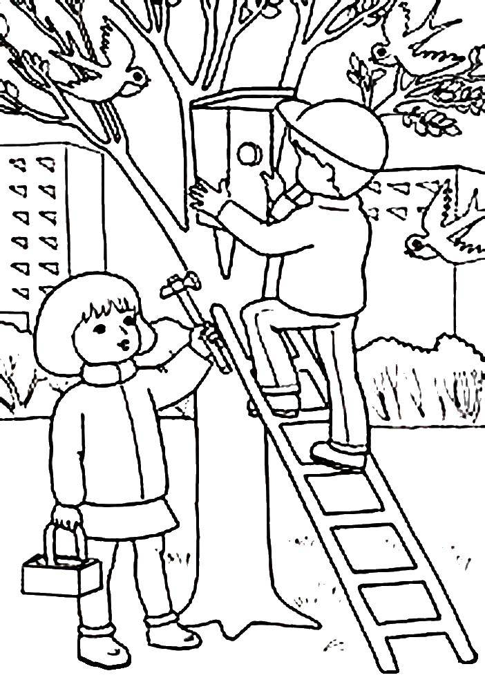 Coloring The construction of the birdhouse. Category children. Tags:  Children, girl, boy, birds.