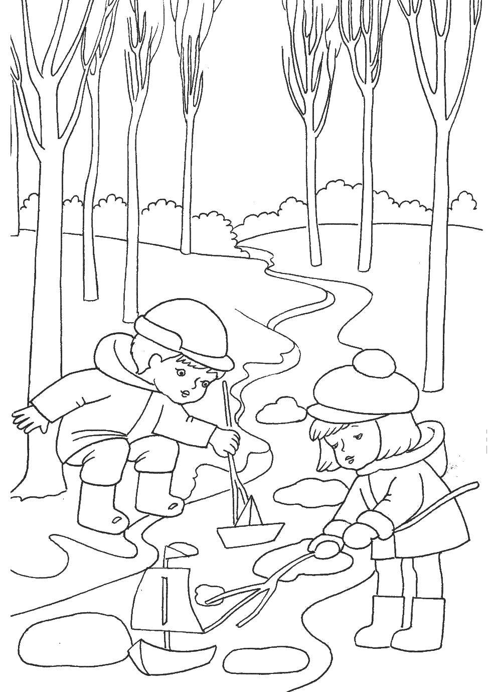 Coloring Brook and the kids. Category stream. Tags:  the Creek, children, spring.
