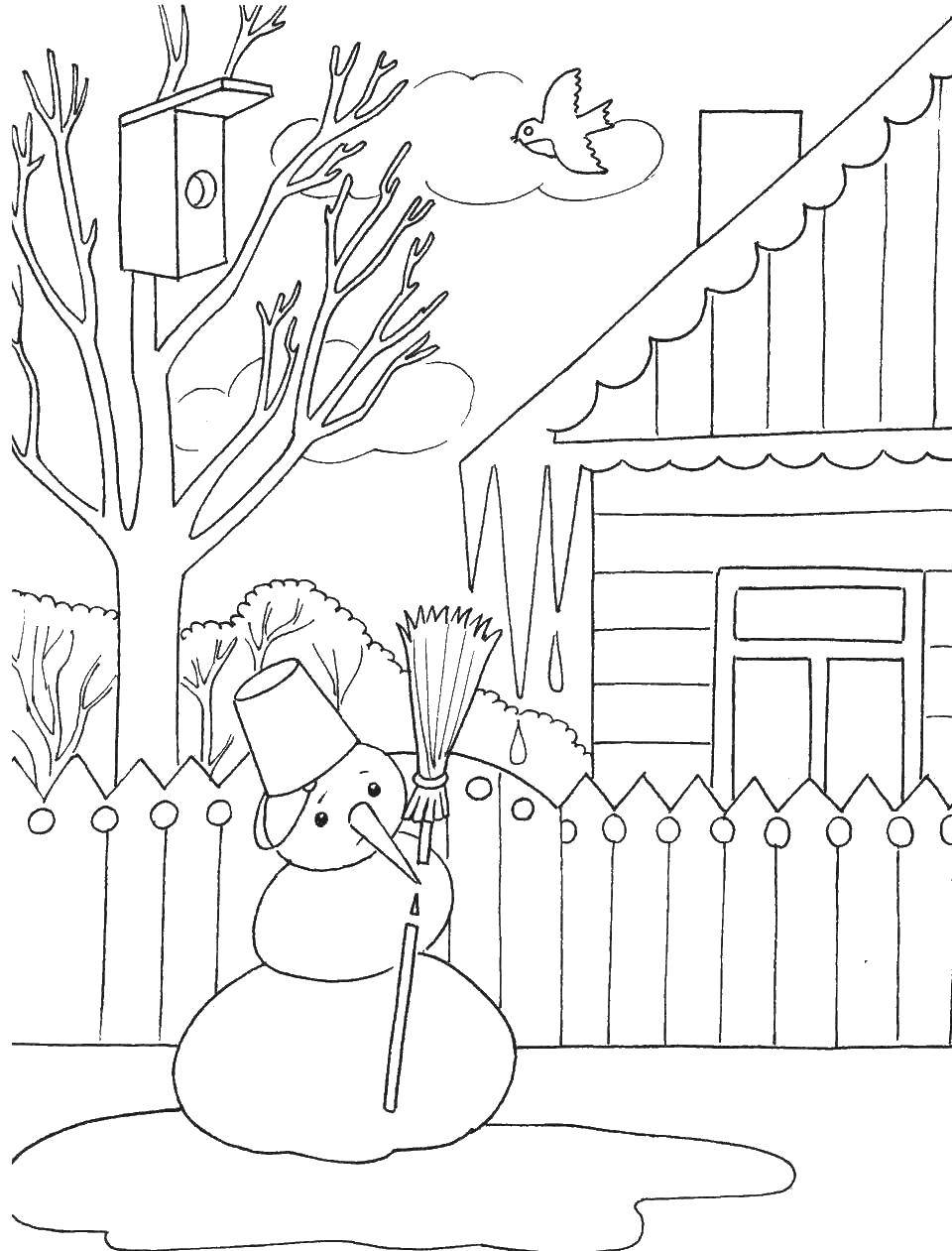 Coloring The snowman melts. Category snowman. Tags:  snowman, water, spring, house.