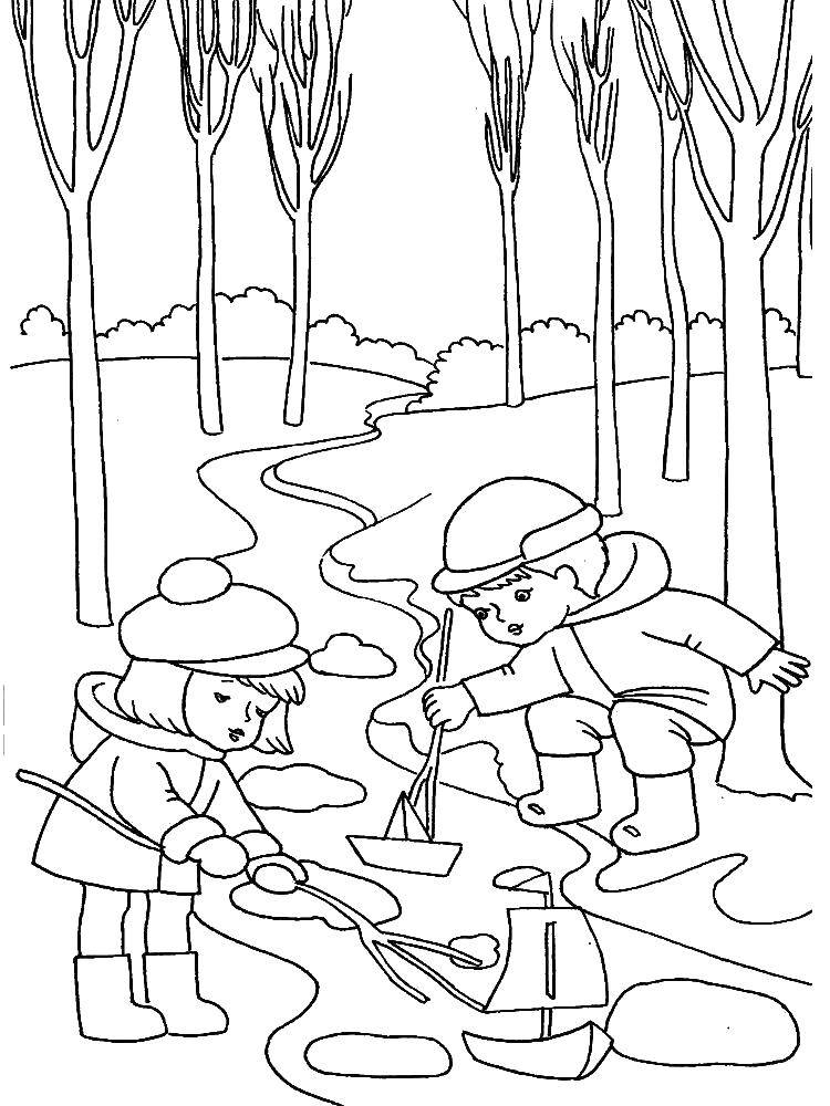 Coloring Spring, the children and trickle. Category coloring. Tags:  seasons, spring, brook.