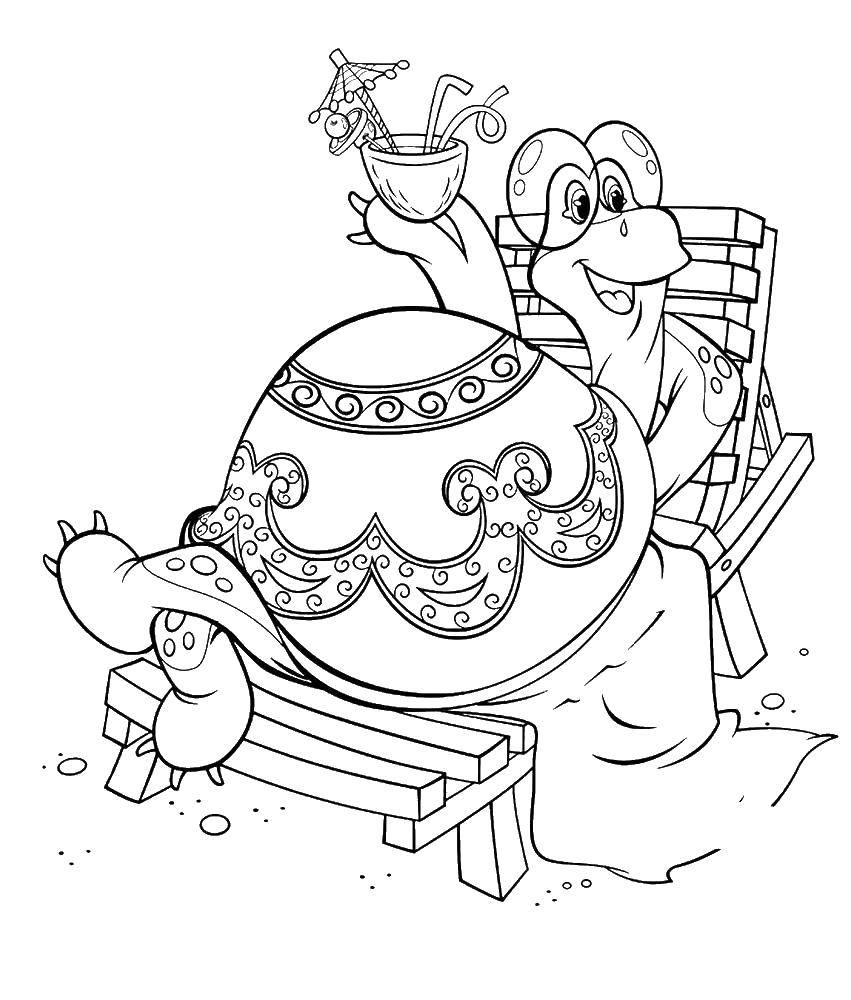 Coloring Turtle on a sun lounger. Category Turtle. Tags:  animals, turtle, tortoise, cartoon.