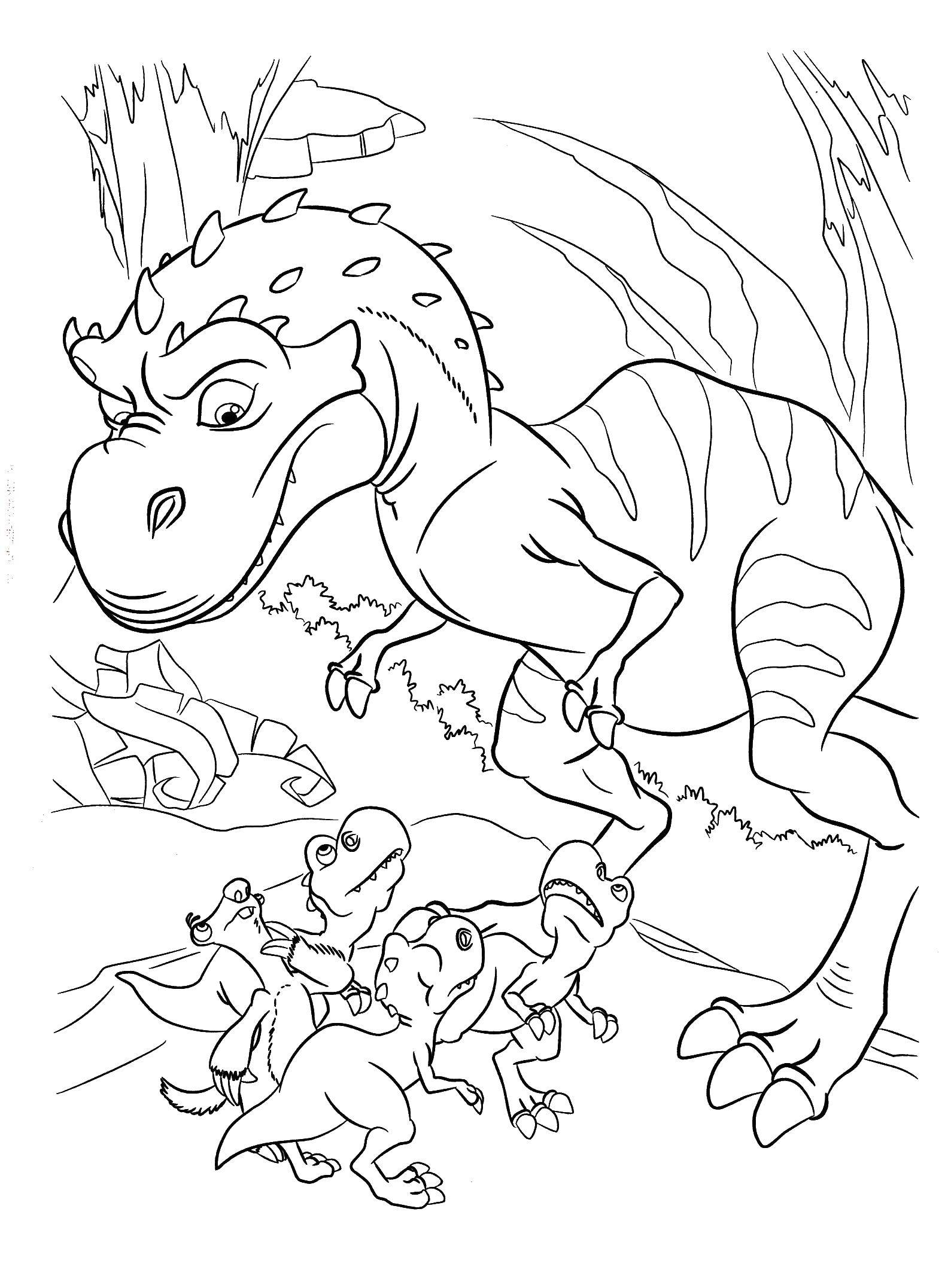 Розмальовки  Тиранозавр рекс з дитинчатами. Завантажити розмальовку льодовиковий період, Сід, Менні.  Роздрукувати ,льодовиковий період,