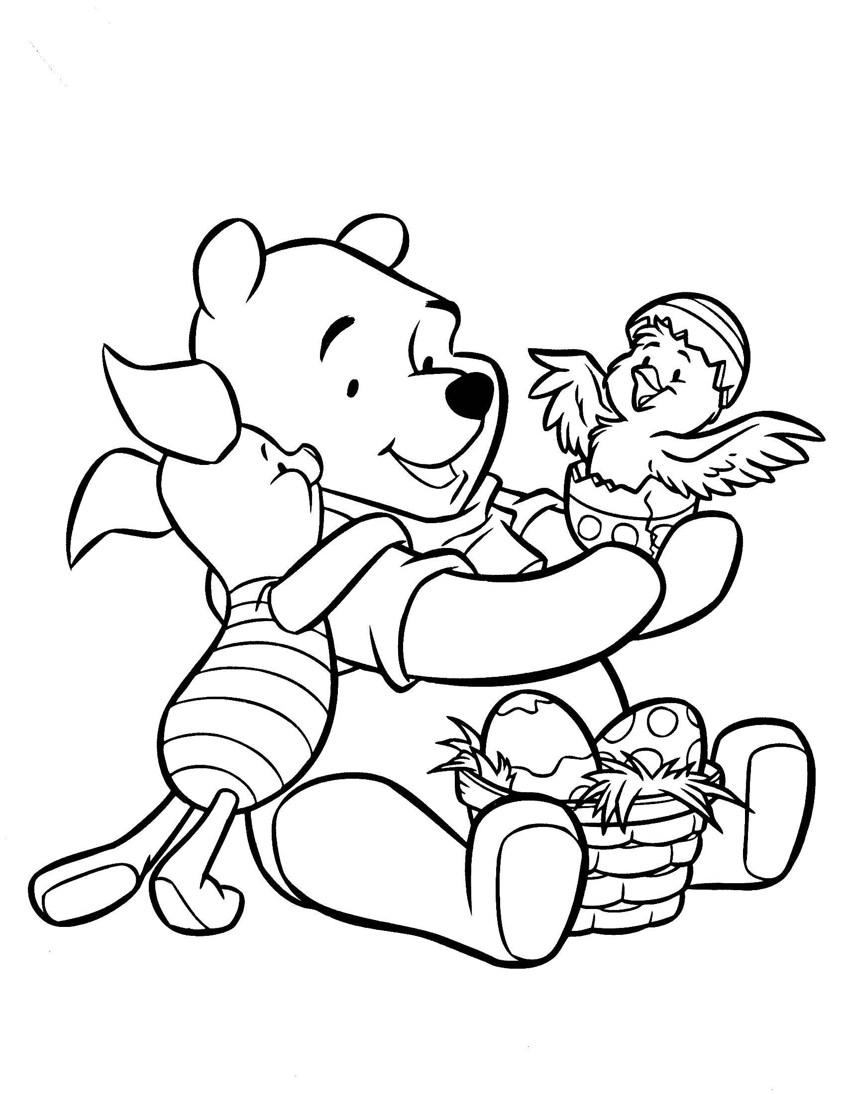 Coloring Winnie the Pooh and heels with a chick. Category Disney cartoons. Tags:  Disney honey, Winnie the Pooh, Piglet, chick.