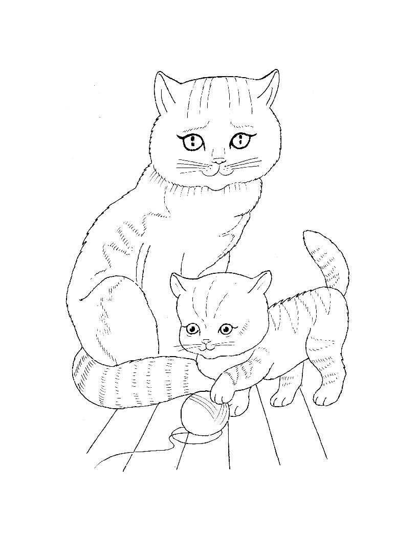 Название: Раскраска Кошка с котенком и клубком. Категория: домашние животные. Теги: кошка, котенок, клубок.