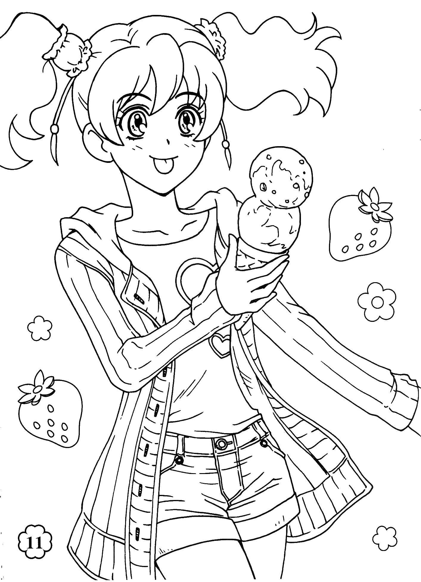 Розмальовки  Дівчинка з морозивом. Завантажити розмальовку аніме дівчинка, морозиво.  Роздрукувати ,аніме ,