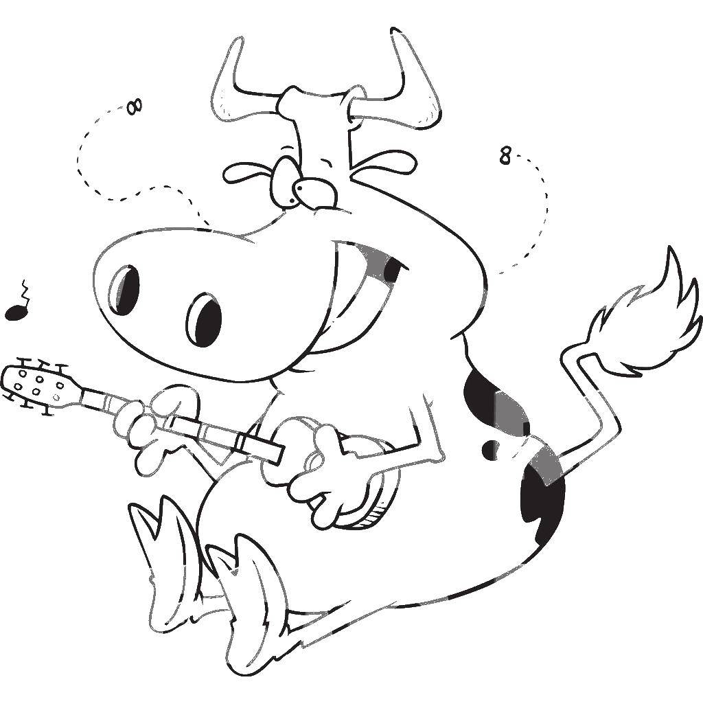 Название: Раскраска Корова с гитарой. Категория: Животные. Теги: Корова, животные.