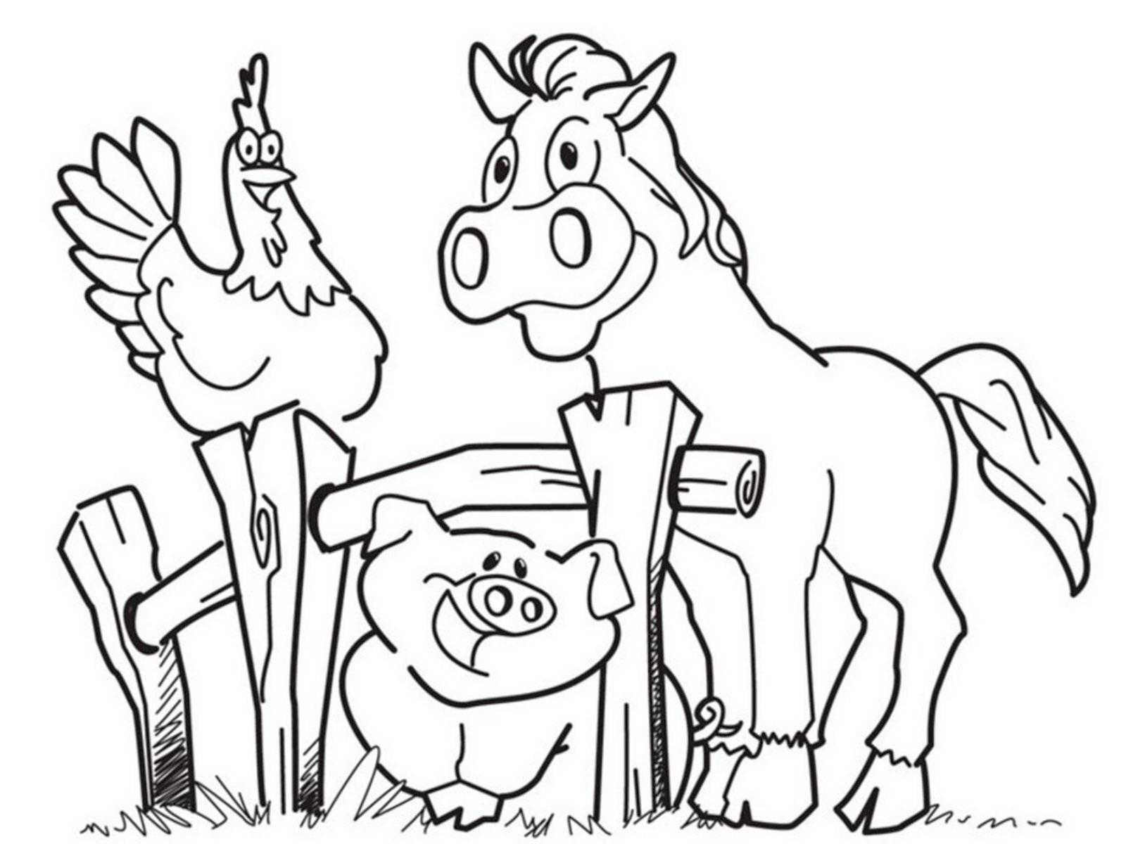 Название: Раскраска Скотный двор с петушком, свиньей и лошадкой. Категория: домашние животные. Теги: петух, лошадь, свинья, двор.