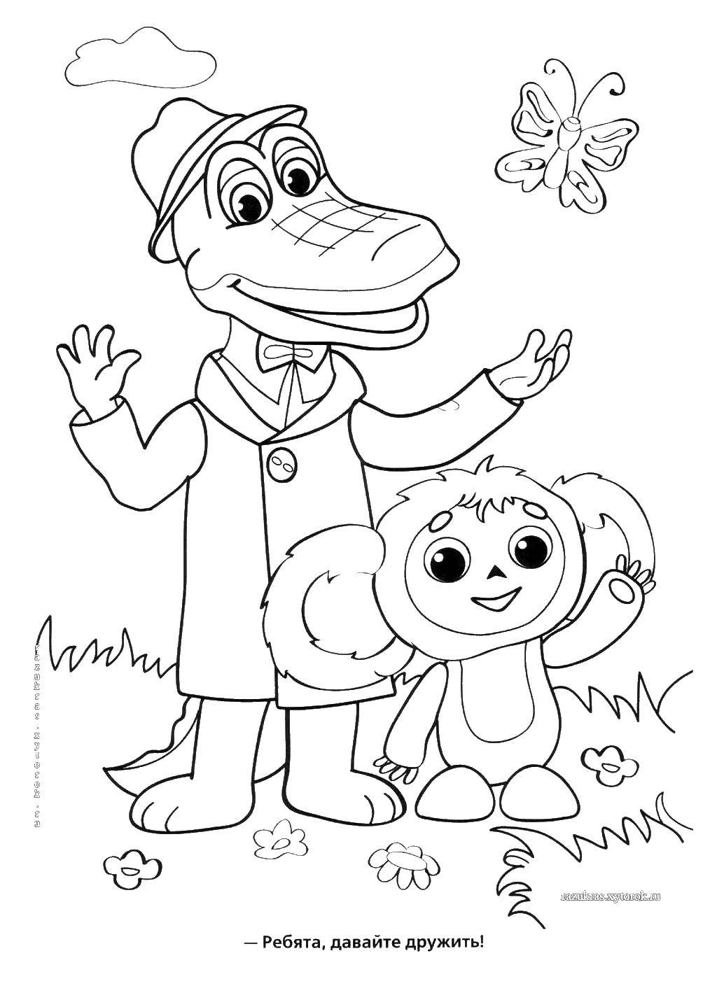 Coloring Crocodile Gena and Cheburashka. Category cartoons. Tags:  Shrek, cartoons, Cheburashka.