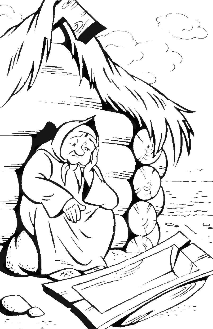 Coloring The old woman at the broken trough. Category that old woman. Tags:  old woman, Granny, fish, old.
