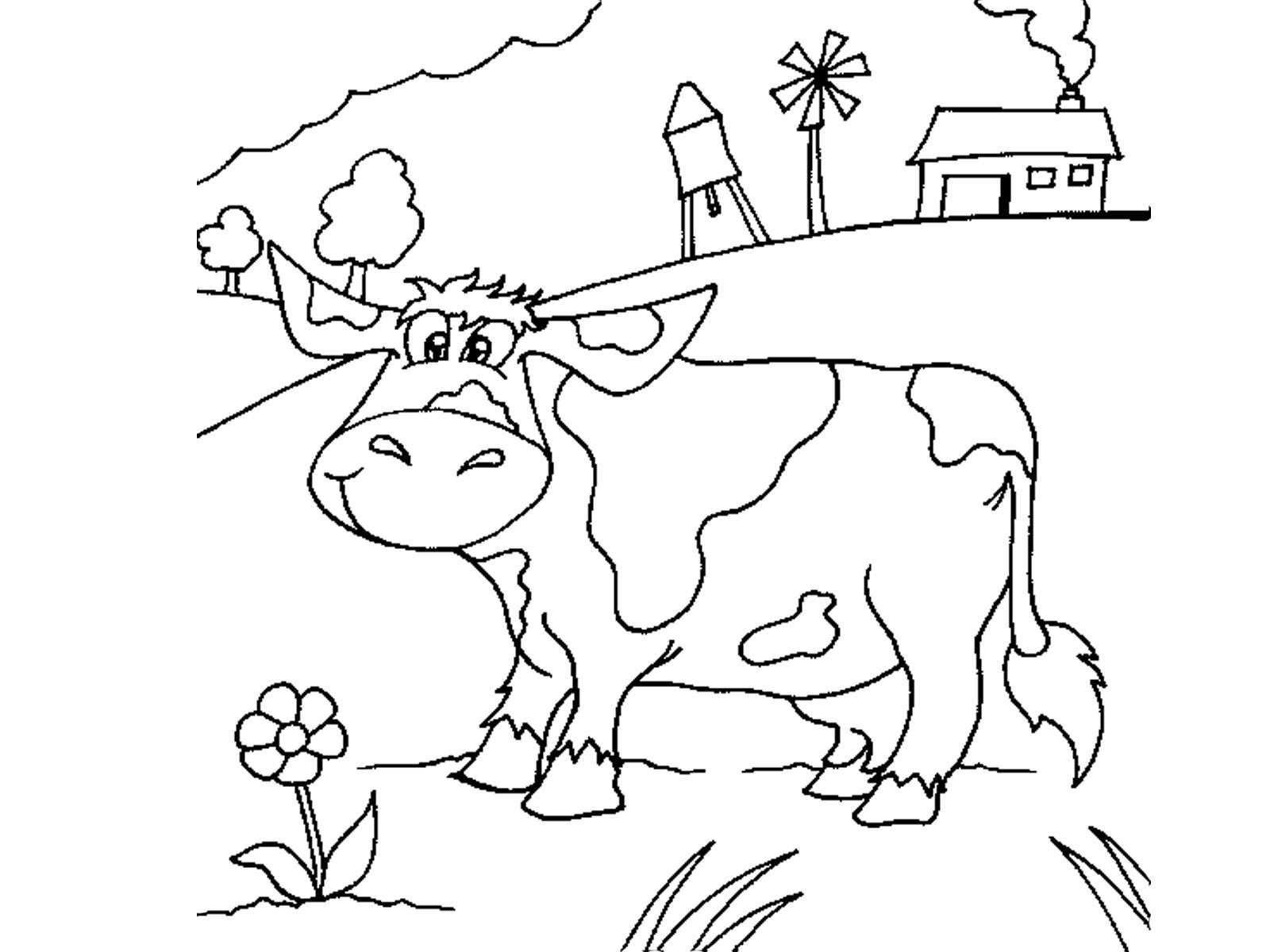 Название: Раскраска Ферма с коровой на лугу. Категория: домашние животные. Теги: корова, цветок, ферма.