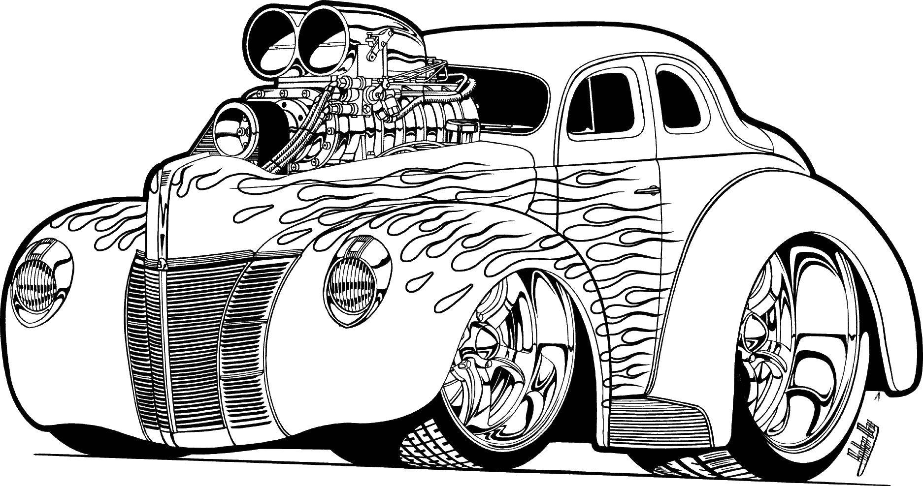 Название: Раскраска Машина с огненным рисунком. Категория: транспорт. Теги: Транспорт, машина.